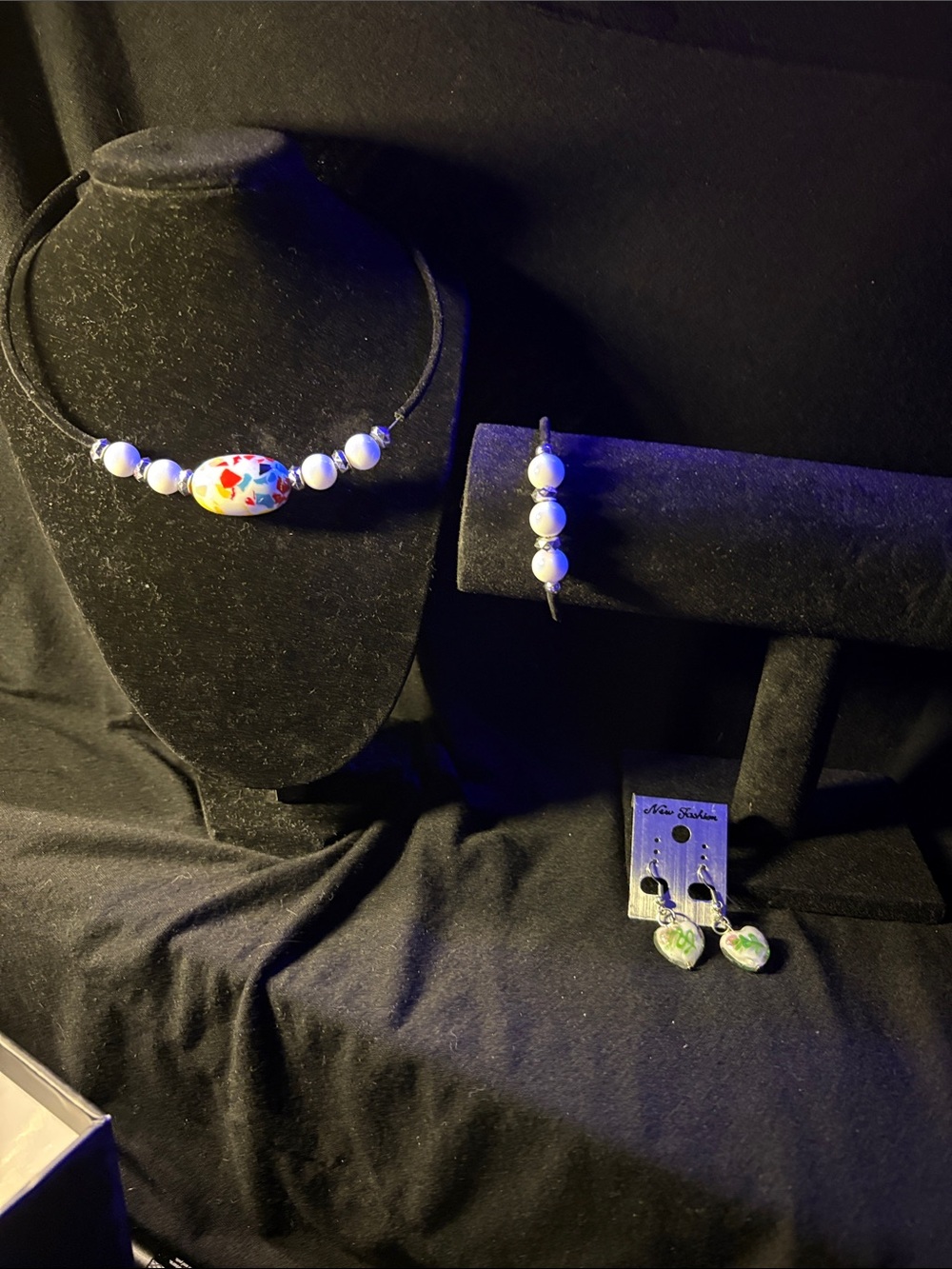 Multicolor Beaded Necklace and Bracelet Set with glass heart earrings